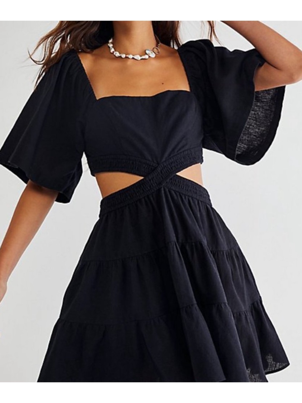 Free People Black Cutout Mini Dress with Puff Sleeves